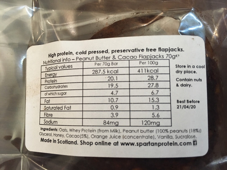 Spartan protein peanut butter and cacao flapjack bar ingredients and nutrition information